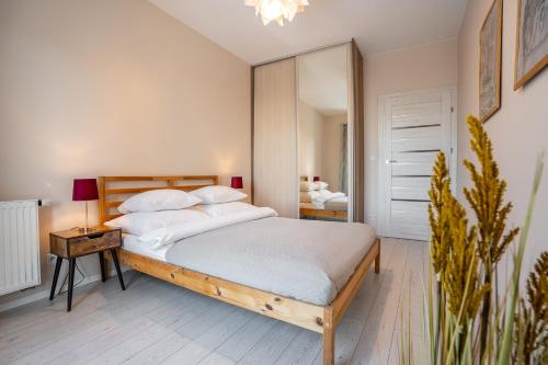 卡托维兹Apartamenty Tespis - Francuska Atal Park的一间卧室配有一张大床和镜子