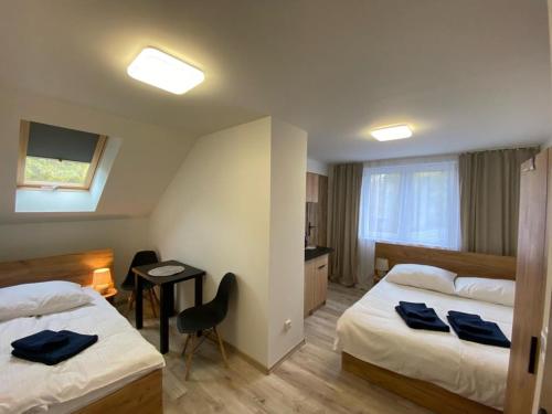 维斯瓦Pokoje Vik-House的酒店客房配有两张床和一张书桌