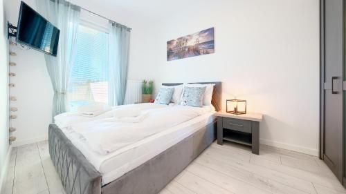 里沃Apartamenty Sun & Snow Pelikan的一张大床,位于带大窗户的房间里