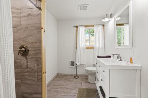 桑德波因特Lakefront Gem with Hot tub and Views的浴室配有卫生间、盥洗盆和淋浴。