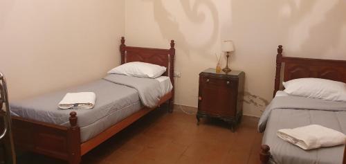 拉里奥哈Nuestro Quincho的客房设有两张床和一张带毛巾的桌子。