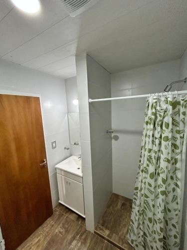 圣洛伦索Plaza Km 325的浴室配有淋浴帘和盥洗盆。