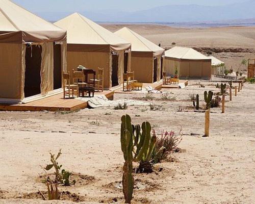 阿加迪尔خيام للكراء ومكان رائع的沙漠中一群有仙人掌的帐篷