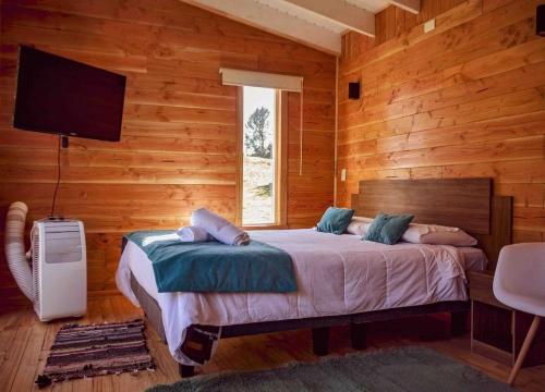 巴拉斯港Tiny House con opción de tina temperada的木制客房内的一间卧室,配有一张床