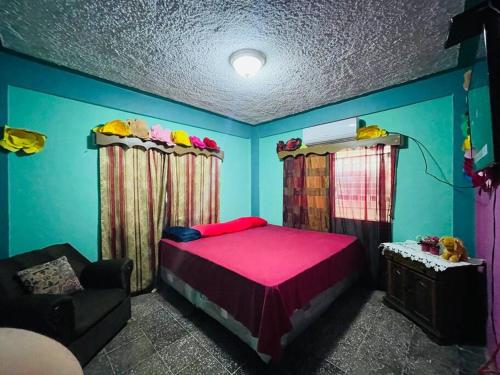 拉塞瓦Agradable casa de 4 habitaciones 2 baños cómodos的卧室配有粉红色的床和沙发