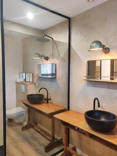 Chailly-en-BièreAdorable maisonnette proche Fontainebleau/Barbizon的一间带两个盥洗盆和卫生间的浴室