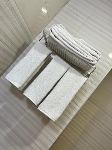 埃尔比勒Soulmate Hotel Erbil的浴室的架子上备有三条白色毛巾