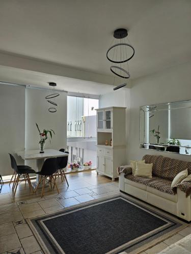 桑托斯Apartamentos na Praia do Gonzaga的客厅配有沙发和桌子