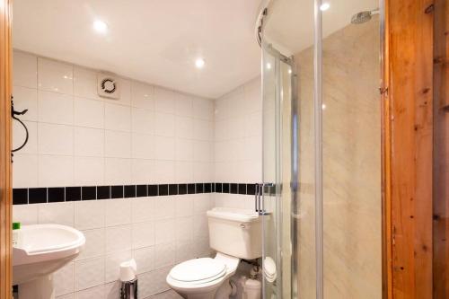 Llanrhaeadr-ym-MochnantThe Retreat的浴室配有卫生间、盥洗盆和淋浴。