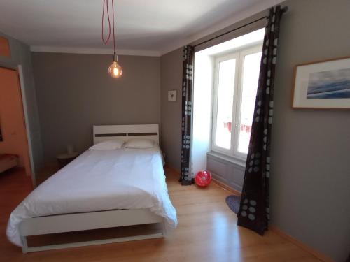 图勒Tulle : bel appartement lumineux en centre ville的一间卧室设有一张床和一个大窗户