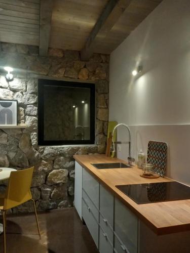 新瓦罗什ZlatAir Twins的一个带水槽的厨房和一台石墙上的电视