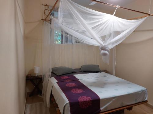 大博格Chambre avec terrasse vue mer的一间卧室配有一张带蚊帐的床