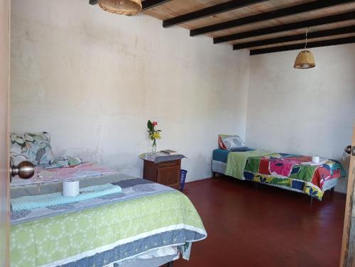 圣胡安拉拉古纳Cabaña Tzanjuyu的一间设有两张床和一张桌子及一张床的房间