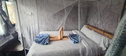 ElmenteitaMambo Game View的帐篷内的一张临时床,配有蓝色床单