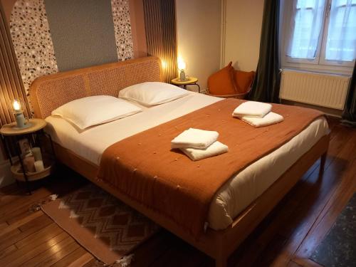 欧塞尔Passage de l'Horloge的一间卧室配有一张大床和两条毛巾