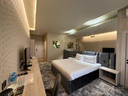 塔拉兹Barhat Resort的酒店客房设有一张大床和一张书桌。
