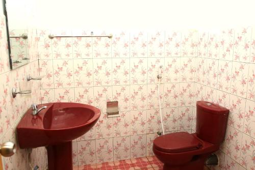 埃拉Ella Sanron guest & Ayurvedic Spa的一间带红色盥洗盆和红色卫生间的浴室