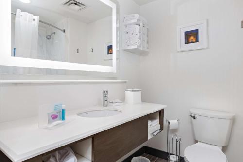 堪萨斯城堪萨斯城市中心金融区希尔顿欢朋酒店的白色的浴室设有水槽和镜子