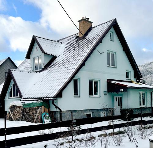 利波瓦拉尼Apartmama Lipová的雪中带黑色屋顶的白色房子