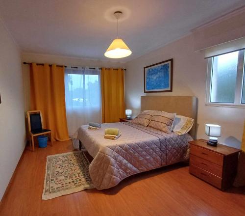 蓬塔德尔加达Quinta das rãs的一间卧室设有一张大床和一个窗户。