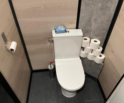 芬洛2 privé verdiepingen in stadswoning, bij Station en centrum的浴室内有白色的马桶,有卫生纸卷
