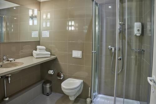 考纳斯Olympus Hotel的带淋浴、卫生间和盥洗盆的浴室