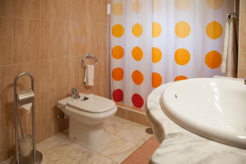 圣达塞拉Quinta do Santo by LovelyStay的一间带卫生间和淋浴帘的浴室