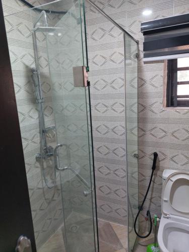 OjoDopad Hills Hotel and Suites的浴室设有玻璃淋浴间和卫生间