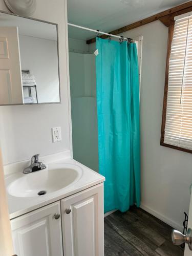基韦斯特Aqua Lodges At Hurricane Hole Marina的浴室设有水槽和蓝色的浴帘