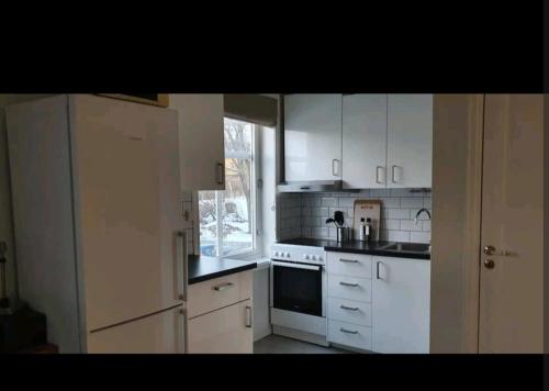特隆赫姆Sentral leilighet的白色的厨房配有白色橱柜和窗户