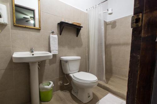 莱昂洛斯巴尔肯斯莱昂酒店的浴室配有卫生间、盥洗盆和淋浴。