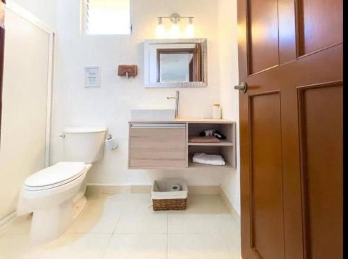 坎昆Apartamento en complejo hotelero con playa的一间带卫生间、水槽和镜子的浴室