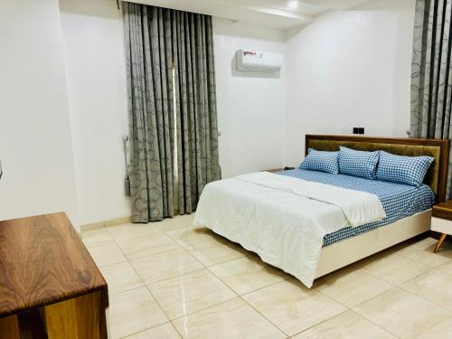 阿布贾Luxury Villa within Abuja Sanctuary的一间卧室配有一张带蓝色枕头的床。