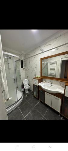 伊斯坦布尔Kadıköy Holiday Home的浴室配有卫生间、盥洗盆和淋浴。