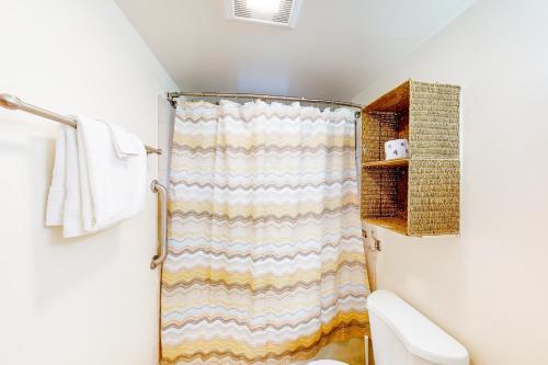 西雅图Schmitz Park Corner的带淋浴帘和卫生间的浴室