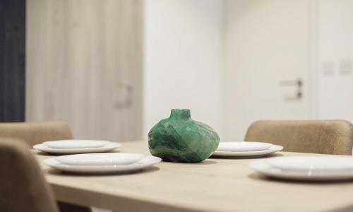 阿克拉Luxurious loft space Available的一张桌子上放有盘子和绿色花瓶