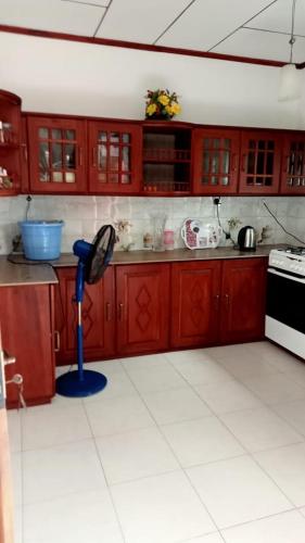 贝鲁沃勒Praveen villa的厨房配有红色橱柜和蓝色地板真空