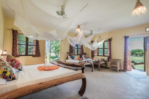 MtowabagaLake Natron Maasai giraffe eco Lodge and camping的客房设有床、桌子和窗户。