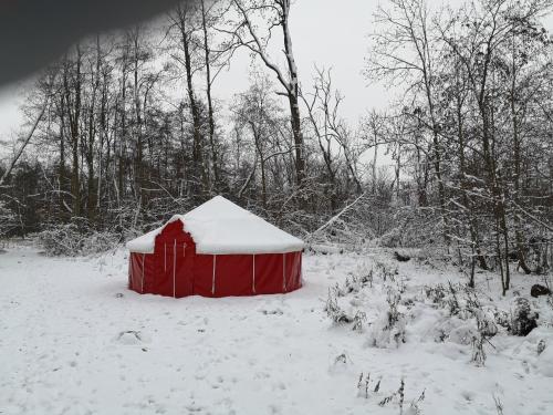 GützkowJurten im Garten Eden BUB的雪地里的一个红色棚子