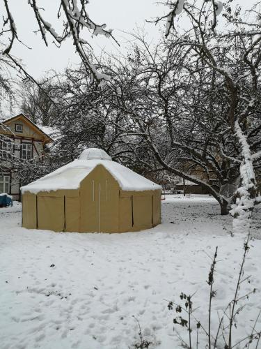 GützkowJurten im Garten Eden BUB的雪覆盖的院子中的一个黄色小帐篷