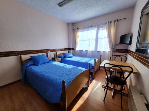 卡斯特鲁ALERCE NATIVO HOTEL的一间卧室设有两张床、一张桌子和一个窗口