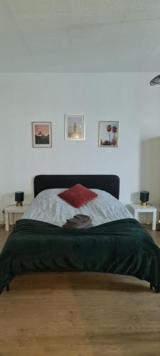 圣路易Studio KAAN avec terrasse 5mn Basel Airport的一间卧室配有一张床铺,床上铺有红色毯子