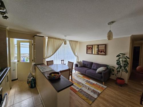 特木科Apartamento full equipado的客厅配有沙发和桌子