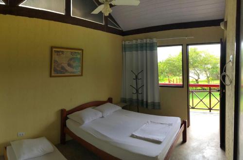 塔曼达雷Chalé Azul的一间卧室设有一张床和一个大窗户