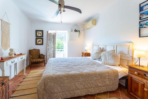 圣卡塔琳娜Charming country house的一间卧室配有一张床和吊扇
