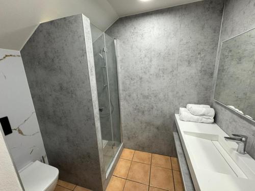 圣安尼Studio Bruni Lodge的带淋浴、卫生间和盥洗盆的浴室