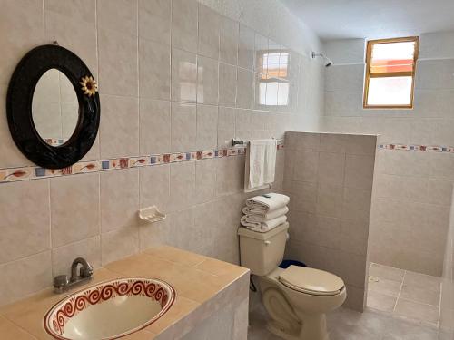 绍其德贝克Hotel Posada Andaluz的一间带卫生间、水槽和镜子的浴室