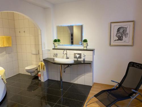 FriedenfelsSchlossschänke Friedenfels的一间带水槽、卫生间和镜子的浴室