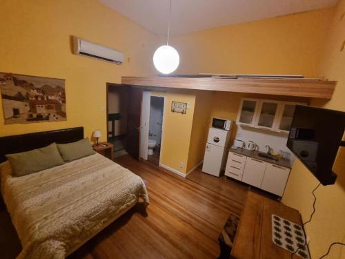 科洛尼亚-德尔萨克拉门托Posada Santa Rita的一间卧室配有一张床和一个小厨房