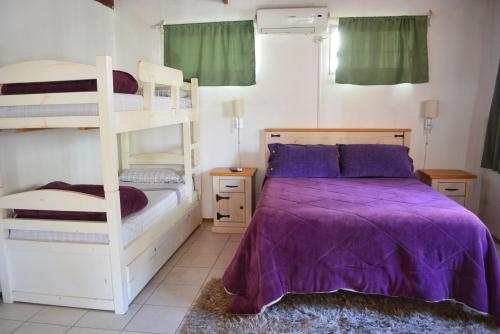 科洛尼亚-德尔萨克拉门托Posada Santa Rita的一间卧室配有两张双层床和紫色床单